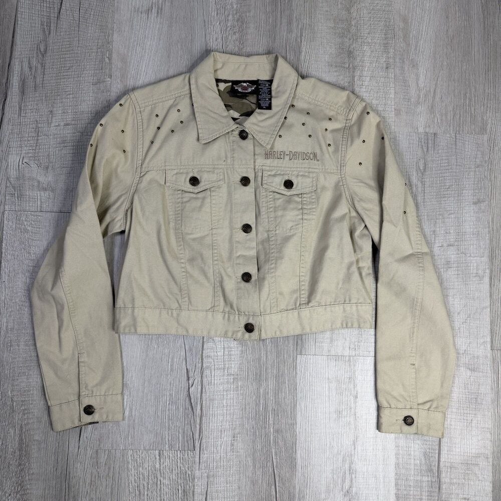 Harley Davidson Jacket Women’s Size XL Khaki Tan Studded Dazzle Cropped Biker J